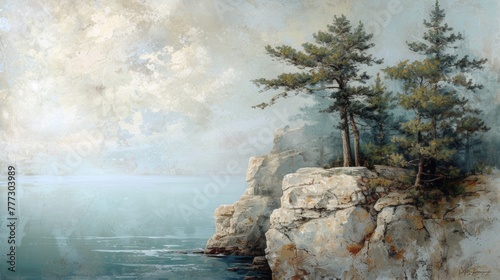 A painting of a picture that shows two trees on the side of rocks, AI