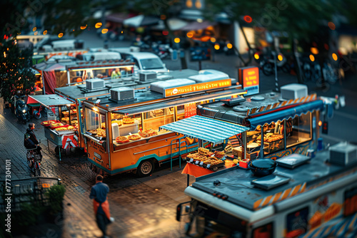 Foodtrucks with burgers and pizzas on the street