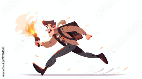 Adventure man running with gun and torch . Cartoon