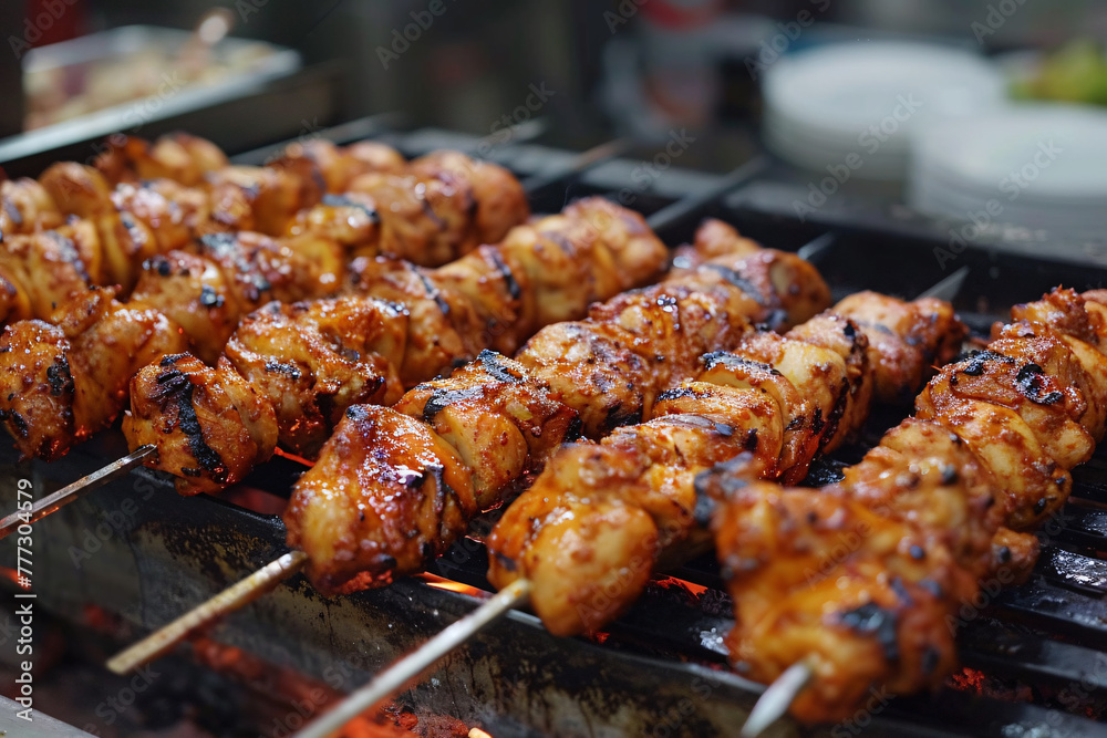Marinated fresh chicken on spit on the street Marinated fresh chicken on spit on the street