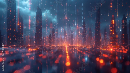 Edge computing visualized as a network of nodes and connections in a futuristic cityscape