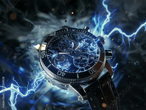A 3D-rendered watch absorbing a lightning strike  with energy pulses around it