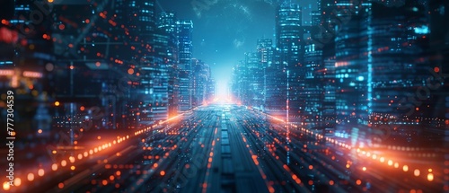 Cybersecurity as a barrier protecting a digital world in a futuristic cityscape