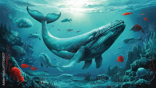 Submerged Capture: Whale and Marine Life Glide Through Ocean Depths