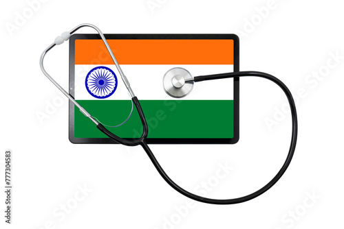 Tablet PC with India flag on screen and medical stethoscope on transparent background. Indian healthcare system concept