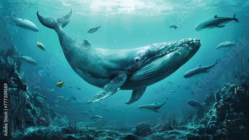 Submerged Capture  Whale and Marine Life Glide Through Ocean Depths