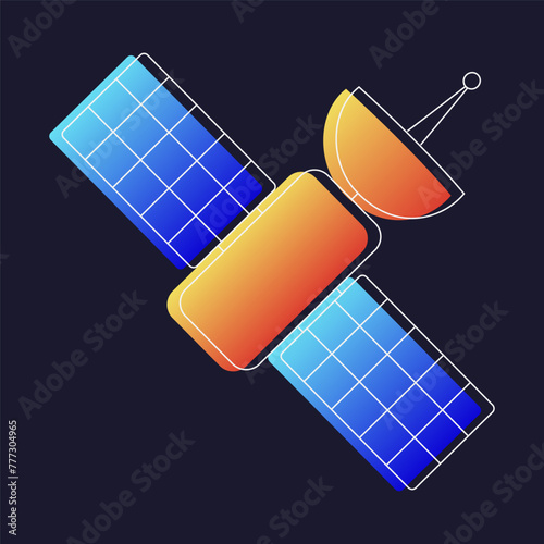 A satellite suspended on a dark black background, showcasing its futuristic design in space.