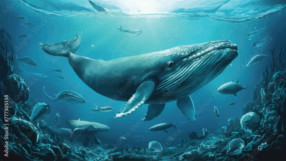 Naklejka premium Submerged Capture: Whale and Marine Life Glide Through Ocean Depths