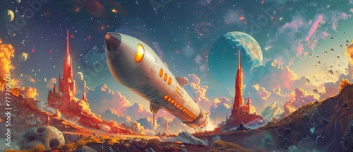 A futuristic and whimsical portrayal of space tourism in a colorful and imaginative artwork