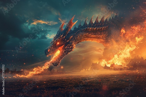 A firebreathing dragon terrorizing a peaceful village © Premreuthai