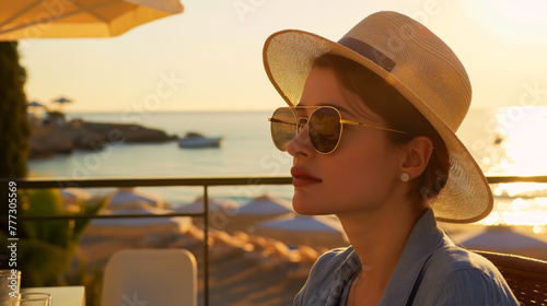Elegant woman enjoys Mediterranean view from café terrace during golden hour. photo