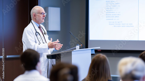 Healthcare specialist speaking at a medical symposium about the latest research findings to colleagues and professionals. photo