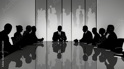 A mediation session with disputing parties sitting at either side of a conference table while an arbitrator listens attentively. photo