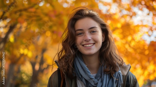 A candid shot of a college student smiling on campus during golden hour, evoking a sense of nostalgia and optimism, real photo, stock photography ai generated high quality images