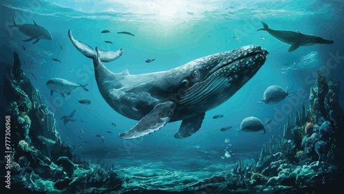 Submerged Capture  Whale and Marine Life Glide Through Ocean Depths