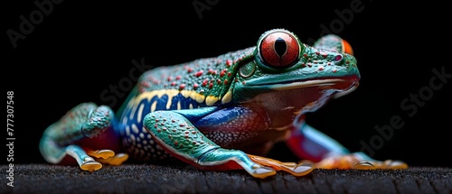 Costa Rican redeyed tree frog Agalychnis saltator with vibrant colors and patterns. Concept Costa Rican wildlife, Red-eyed tree frog, Agalychnis saltator, Vibrant colors, Patterns photo