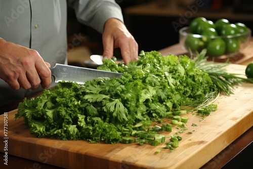 hands chop fresh parsley on a wooden board