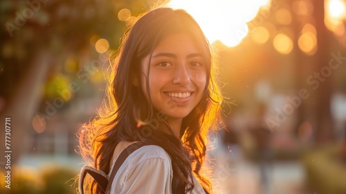 A candid shot of a college student smiling on campus during golden hour, evoking a sense of nostalgia and optimism, real photo, stock photography ai generated high quality images