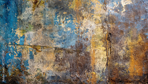 grunge metallic surface with rusty patterns, showcasing a weathered and textured abstract background in various colors for a vintage aesthetic. © netsay