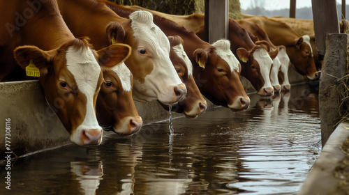 Cows lined up drinking water from a trough in an open barn area with hay visible in the background. photo