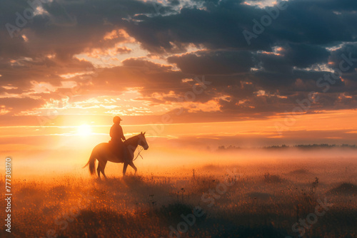 Person riding horse on sunset with copy space © Di Studio