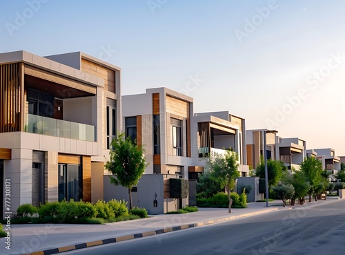 A row of modern townhouses in Dubai, white and beige colors, with wooden accents on the facades, stands along an empty street against the background of blue sky © Mahwish