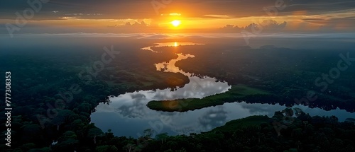 Aerial view of sunset over Dora Creek Tortuguero National Park Costa Rica. Concept Aerial Photography, Sunset Views, Dora Creek, Tortuguero National Park, Costa Rica