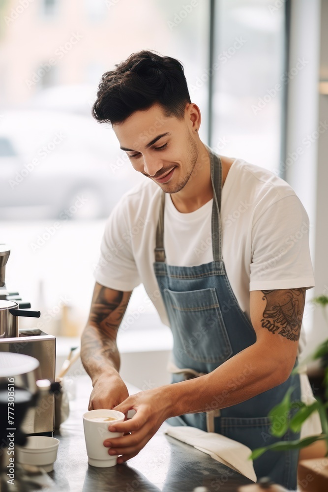 Smiling barista preparing coffee in sunny cafe setting Smiling barista preparing coffee in sunny cafe setting