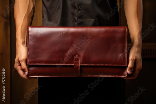 Leather wallet, removable and can hold cards, placed on a wooden table, photos, sets,