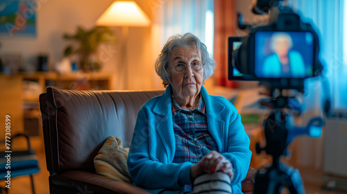 Elderly female influencer filming in her living room. photo