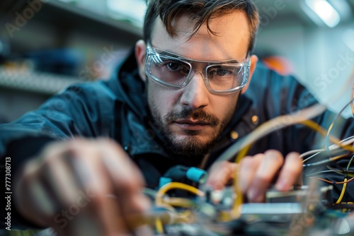 Electrician working on the electrical panel, holding tools in his hands. The worker wearing yellow safety glasses, uniform work, white helmet. In front there are cables, wires, ectrical equipment photo