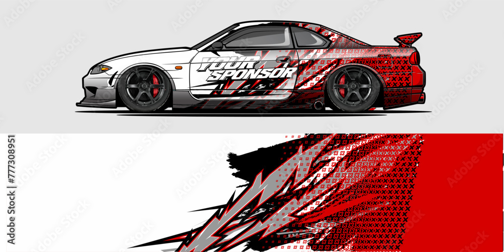 Vector Car Decal Wrap Design: Abstract Racing Stripe Background Kit for Vehicles, Race Cars, Rally, Adventure, and Livery - obrazy, fototapety, plakaty 