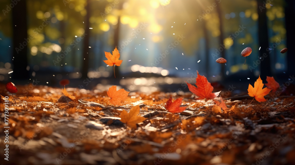 Autumn leaf on the lake, water, blurred bokeh nautre park background, sunrise, sunset, sun light shot Autumn leaf on the lake, water, blurred bokeh nautre park background, sunrise, sunset, sun light shot