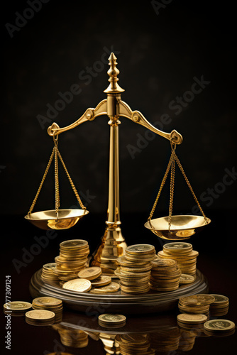 Classic scales of justice with stacked coins on wooden base