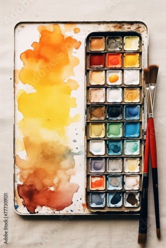 Watercolor paints and brushes on a stained palette with abstract art