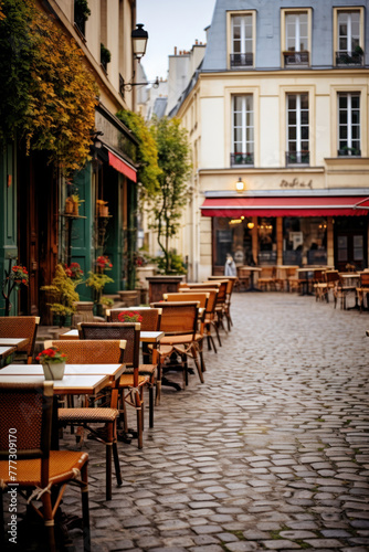 Quiet cobblestone street with cafe tables in Paris