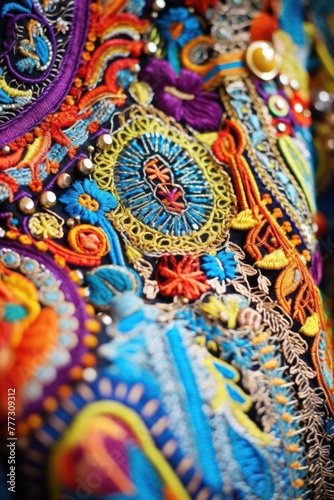 Detailed vibrant embroidery on textile close-up view
