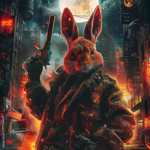 A dynamic movie poster showcasing a crimson rabbit character wielding a cigar and firearm, framed against a neon-drenched cityscape with a supermoon and fiery sky, delivering a visually arresting depi photo
