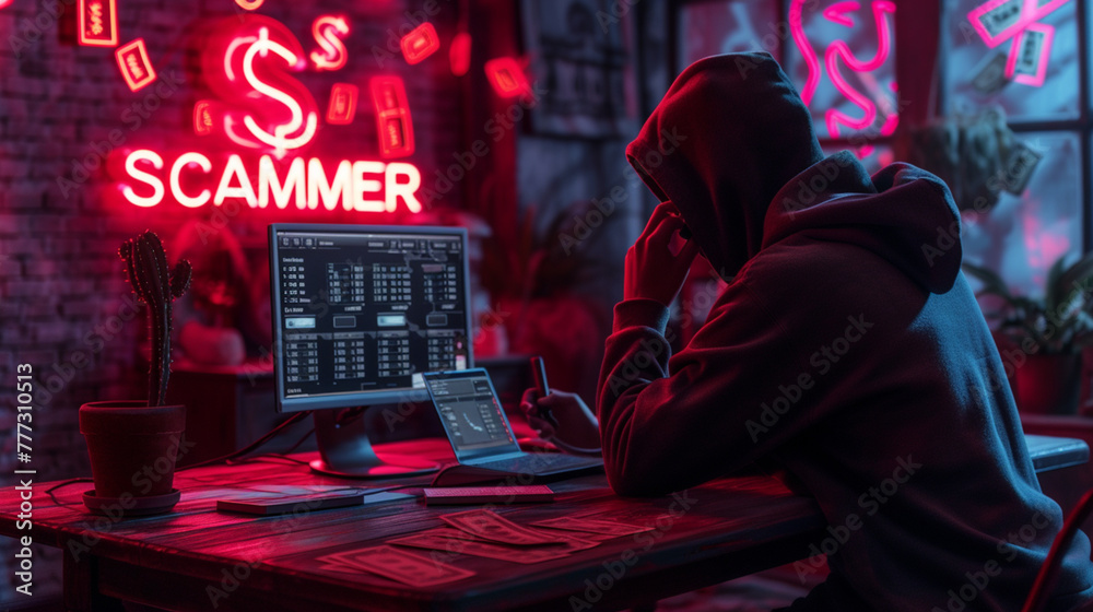 Scammer stares at the monitor, plotting with a smartphone in hand. Text ‘Scammer’, they hunt for victims, eyeing phone numbers for their deceitful schemes. - obrazy, fototapety, plakaty 