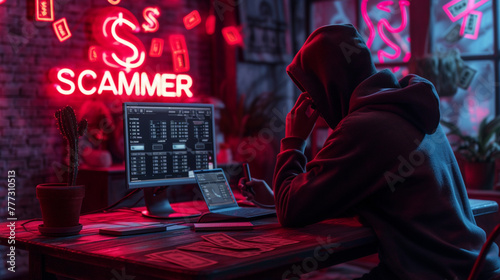 Scammer stares at the monitor, plotting with a smartphone in hand. Text ‘Scammer’, they hunt for victims, eyeing phone numbers for their deceitful schemes. photo
