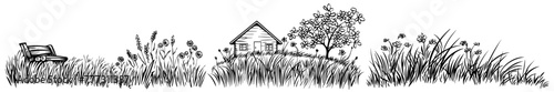 a cottage in the countryside surrounded by tall grass and meadows, nocolor vector illustration silhouette for laser cutting cnc, engraving, black shape decoration photo