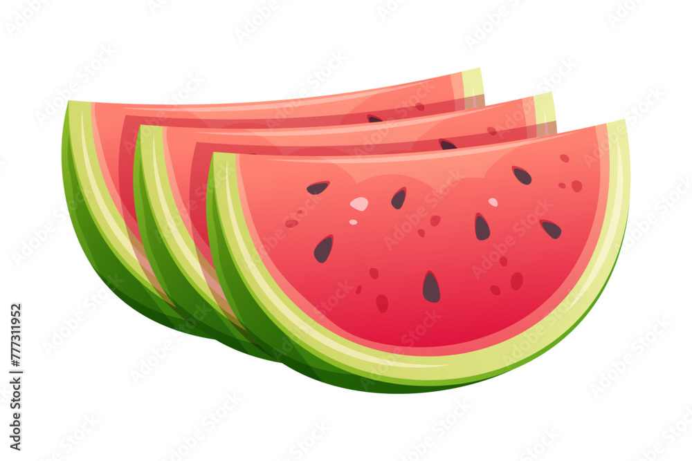 Cut slices of watermelon stand in row on white background. Vector cartoon design element of watermelon flavor, summer Cut slices of watermelon stand in row on white background. Vector cartoon design element of watermelon flavor, summer