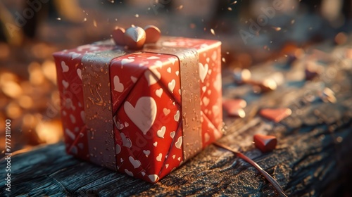 details of an elegantly wrapped gift box with heart motifs