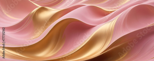 Pink peach and gold silk or satin wave background. Luxury silky fabric texture, smooth pearl color flowing, glossy wavy drapery. Abstract backgrouind photo