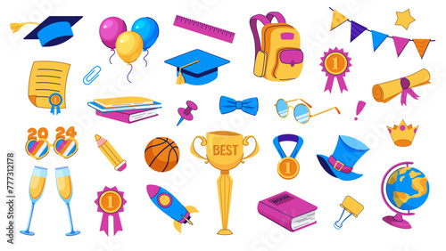 Set of vector stickers on graduation theme 2024. Graduation ceremony, graduation party. Master's hat, diploma, champagne, books, awards and festive accessories © Sonika