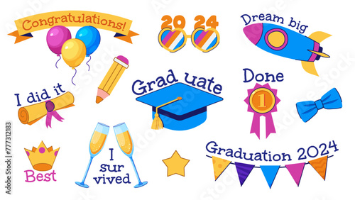 Set of funny graduation stickers. Templates with captions, props for graduation photos, graduation party. Vector illustration in flat style © Sonika