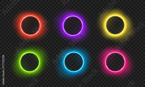 Bright neon shiny circles with transparent glow effect. Vector colorful frames for logo design with neon effect. PNG glow effect. Light portal, magical glow.