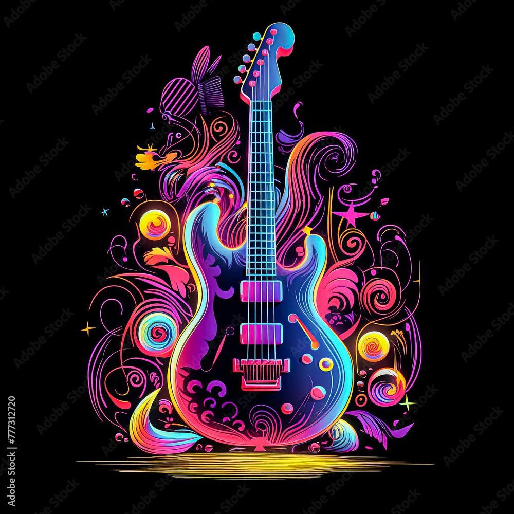 A colorful guitar is shown in a photo with smoke in the background. A colorful guitar is shown in a photo with smoke in the background.