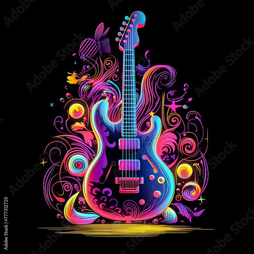 A colorful guitar is shown in a photo with smoke in the background.