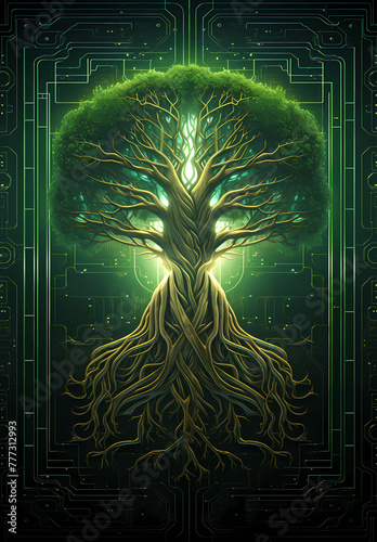 A green tree of life with roots that have circuit board patterns